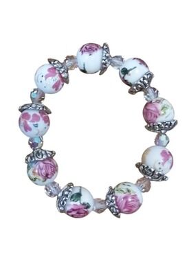 7 Inch Rose Ceramic & Czech AB Crystal Bead Bracelet - Metal Cap Flower Spacers